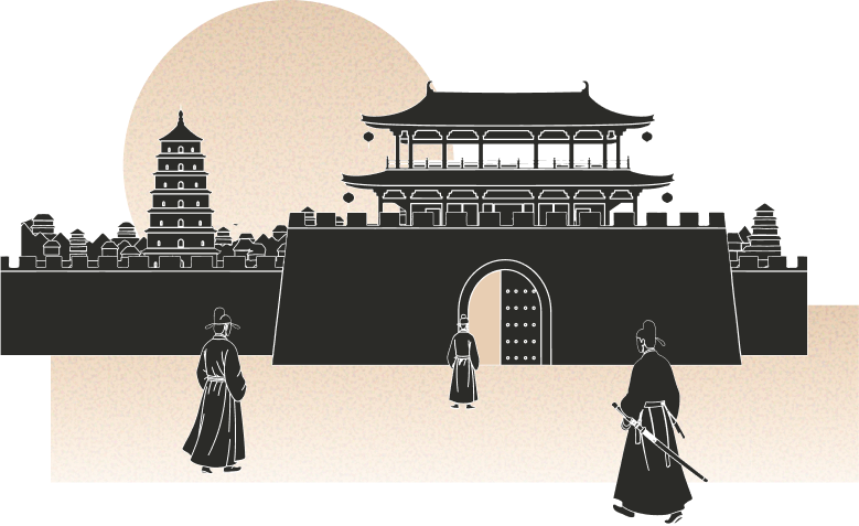 长安插画：城楼、雁塔与城中行人