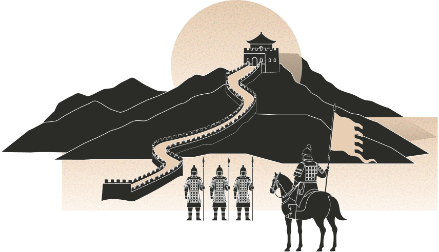 边塞插画：长城盘绕关山，骑兵与边关相望